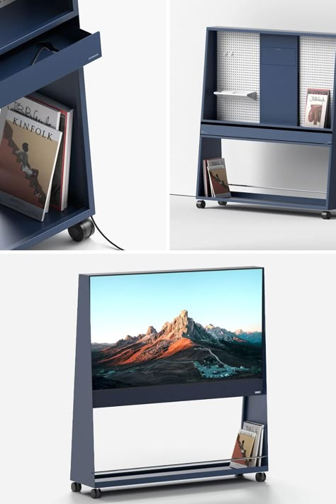 Bringing Aesthetic Privacy and Functional Flexibility, this Trolley Introduces a Portable Room Divider with Built-in Television and Storage Shelves. Learn More! Tv Trolley Design, Monitor Stand Ideas, Tv Room Divider, Tv Trolley, Portable Tv Stand, Massachusetts Houses, Portable Furniture, Office Screens, Suport Tv