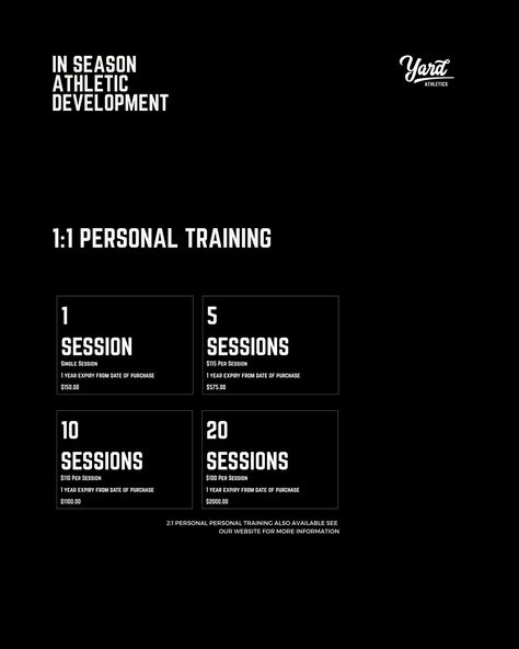 Want to be the best at your sport? Yard Athletics will get you performing at your peak with our elite training programs. Train smarter, stay stronger, and perform at your best with coaches who have first hand experience on which training is needed for you. Choose from our in season athletic development options designed to level up your game: - Custom Training Tailored programs focused on your unique goals and needs. - Proven Success: 15+ years of helping athletes reach new heights, from... Focus On Yourself, Personal Training, Program Design, Level Up, Training Programs, Coaching, Train, Branding