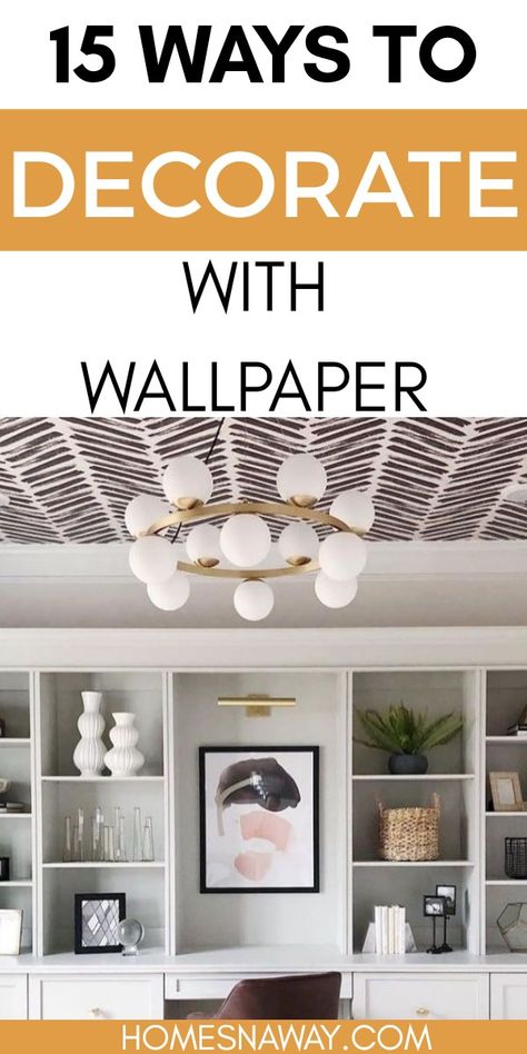 Bookcase With Wallpaper Backing Kitchen, Bookshelf With Wallpaper Backing Kitchen, Wallpaper Pantry Interior Modern, Wallpaper In Art Niche, Wallpaper Inside Bookcase, White Bookshelf With Wallpaper Back, Decorate With Wallpaper, Decorating With Wallpaper, Above Fireplace Ideas