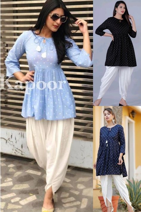 Kurta And Dhoti Pants For Women, Dhoti Style Suits For Women, New Pattern Kurti Design With Pant, Kurti With Pant Design, Tops For Dhoti Pants Women, Dhoti Pants Outfit Casual, Kurta With Dhoti Pants Women, Kurta New Designs Women, Latest Kurti Pant Designs Pattern