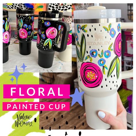 Hand Painted Stanley Cup, Hand Painted Tumblers, Painted Stanley Cup, Tumbler Ideas Vinyl, Spackle Painting, Water Bottle Painting, Boredom Crafts, At Home Painting, Hand Painted Cups