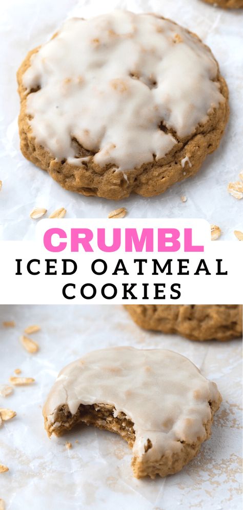 Copycat Crumbl Oatmeal Cookie, Crumble Iced Oatmeal Cookies, Crumble Oatmeal Raisin Cookies, Iced Oatmeal Cinnamon Cookies, Oatmeal Cookies Iced, Crumbl Banana Bread Cookies, Crumble Oatmeal Cookie, Crumble Cookie Oatmeal Copycat Recipe, Crmble Cookie Recipes