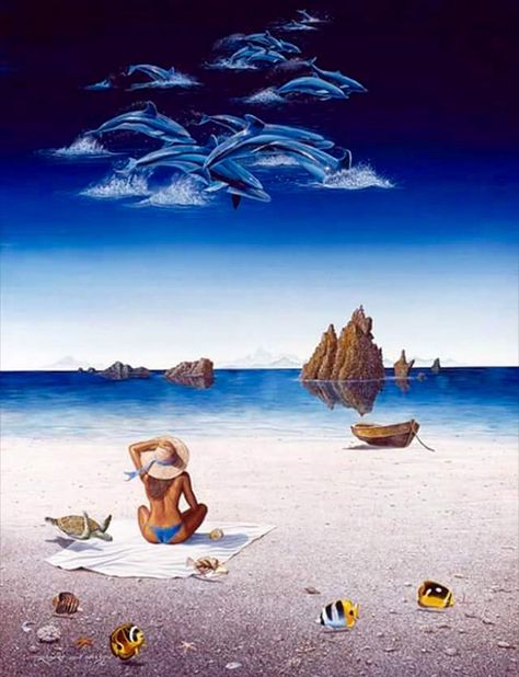 Robert Lyn Nelson (B.1955) SUMMER ILLUSION 1990 Acrylic/Canvas 24x36  #surrealism #art #painting #ocean  @robertlynnelson.com Summer Scrapbook Ideas, Sea Stuff, Surealism Art, Beach Clipart, Beach Illustration, Art Surreal, Summer Clipart, Art Class Ideas, Summer Scrapbook