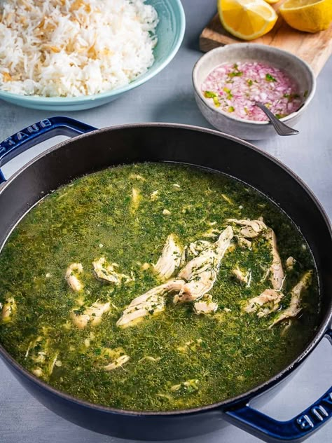 Molokhia (Egyptian Chicken and Jute Stew Recipe) - Urban Farm and Kitchen Egyptian Molokhia, Egyptian Soup Recipes, Chicken Maqluba Recipe, Molokhia Recipe Egyptian, Mirepoix Recipe, Chicken Stew Middle Eastern, Molokhia Recipe, Dark Meat, Okra