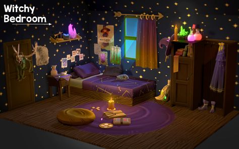 Witch Bedroom Drawing, Sims 4 Witchy Bedroom, Sims 4 Witch Bedroom, Witches Bedroom, Acnh Kitchen, Witch Bedroom, Witch Bedrooms, Forest Ideas, Witchy Bedroom