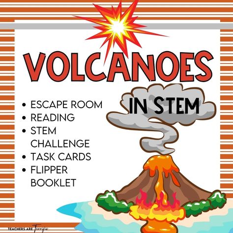 A Resource Round-up for Volcano Week! This post includes an Escape Room, STEM Challenges, Task Cards, and more resources. Perfect for a great week of studying volcanoes in STEM! Volcano Projects, Stem Classes, Stem Resources, Nonfiction Text Features, Small Booklet, Map Skills, Stem Challenge, Stem Challenges, Text Features