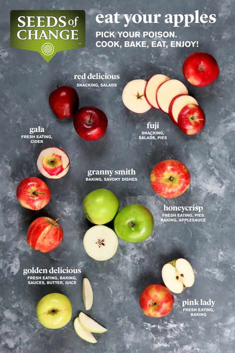 Gala, Fuji, Granny Smith, Pink Lady — with so many different names and shades of color to choose from, it can be hard to pick your poison 🍎🍏Use this apple guide to determine your favorite variety and the recipes best used along with them. #SeedsOfChange #Apples #AppleRecipes #Gala #Fuji #GrannySmith #PinkLady #FallFavorites #AutumnCooking #FallFood #FreshFruit #FreshApples Fruit Shop Design, Gala Fuji, Pink Lady Apples, Fuji Apple, Fall Cooking, Fruit Shop, Fresh Apples, Pink Lady, Granny Smith