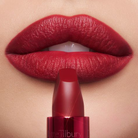 Cinematic Red: Cherry Red Matte Lipstick | Charlotte Tilbury Charlotte Tilbury Red Lipstick, Cool Toned Red Lipstick, Cherry Red Lipstick, Revolution Lipstick, Charlotte Tilbury Matte Revolution, Winter Palette, Hollywood Beauty, Beauty Wishlist, Metallic Lipstick