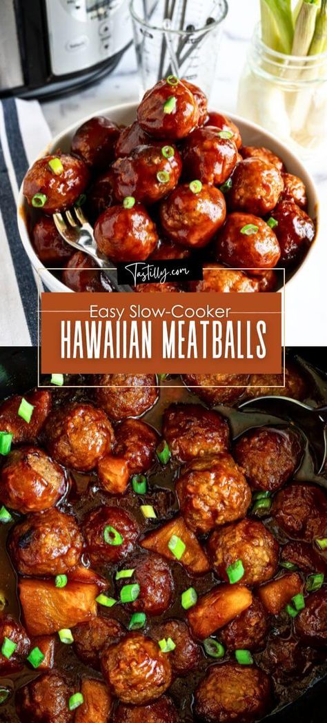 Quick & Easy Slow-Cooker Hawaiian Meatballs – Tastilly Hawaiian Crockpot Meatballs, Hawaiian Appetizers Appetizer Ideas, Hawaiian Meatballs Crockpot, Crockpot Hawaiian Meatballs, Slow Cooker Hawaiian Meatballs, Hawaiian Meatballs, Crock Pot Meatballs, Hawaiian Food, Healthy Crockpot Recipes