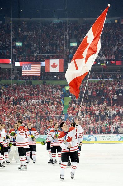 Sidney Crosby #87 of Canada waves a national flag following his team's 3-1 overtime victory during the ice hockey men's gold medal game between USA and Canada on day 17 of the Vancouver 2010 Winter Olympics at Canada Hockey Place on February 28, 2010 in Vancouver, Canada. Canada Ice Hockey, Hockey Jokes, Jade Nguyen, Team Canada Hockey, Canada Hockey, Events Center, Canada Eh, Detroit Red Wings Hockey, Pittsburgh Penguins Hockey