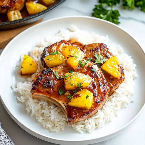 These easy pineapple pork chops are the perfect weeknight dinner! Between the tender meat and sweet and savory sauce, no one can resist them. Pineapple Pork Chop Recipes, Brown Sugar Pineapple Pork Chops, Pork Chop Pineapple Recipes, Pineapple Pork Chops, Healthy Make Ahead Breakfast, Pork Shoulder Recipes, Pineapple Sauce, Pineapple Pork, Chopped Pineapple