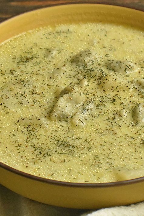 Knoephla Soup Knoephla Soup, German Potato Soup, Sauteed Potatoes, German Potato, German Potatoes, Food Soup, Homemade Dumplings, Protein Nutrition, German Recipes