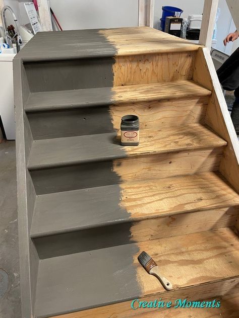 Garage Stairs Into House With Landing, Garage Stairs Makeover, Garage Stairs Into House, Painting Wooden Stairs, Staining Stairs, Painted Wood Stairs, Black Painted Stairs, Wooden Steps Indoor, Painted Steps