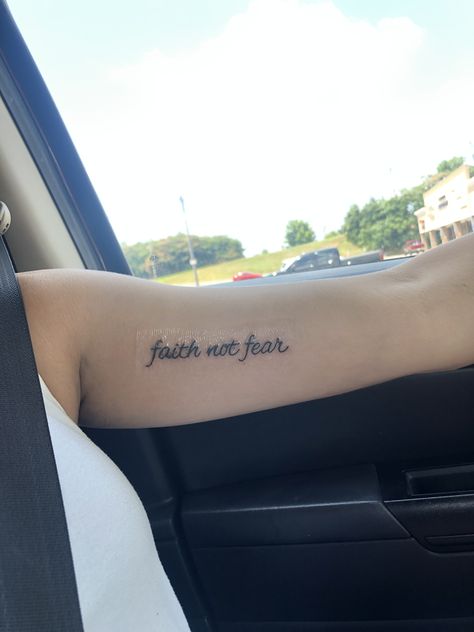 Faith Not Fear, Small Dope Tattoos, Fear Tattoo, Inside Of Arm Tattoo, Rib Tattoos For Women, Cute Hand Tattoos, Small Forearm Tattoos, Pretty Hand Tattoos, Black Girls With Tattoos