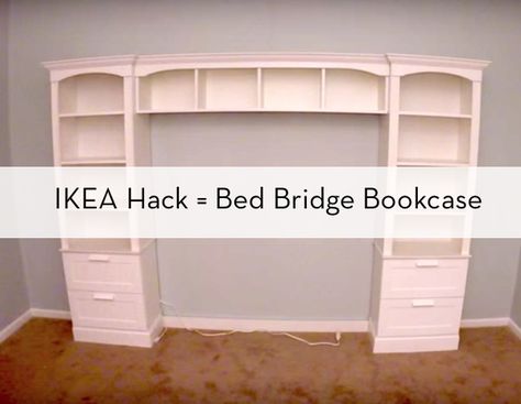 In lieu of a headboard in my bedroom I want the built in bookcase look. While this particular bed bridge look isn't my cuppa it's a good DIY resource. Bed Bridge Bookcase, Bed Bridge, Ikea Built In, Diy Home Decor For Apartments, Murphy Bed Ikea, Ikea Bookcase, Small Kids Room, Built In Bed, Diy Furniture Bedroom