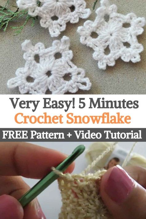 Very Easy! 5 Minutes Crochet Snowflake 5 Minute Crochet Snowflake, Easy Crochet Snowflakes For Beginners, Crochet Snowflake Video Tutorial, Crochet Snowflake Garland Free Patterns, Quick And Easy Crochet Christmas Ornaments, Quick Crochet Ornaments, Snowflake Crochet Pattern Free, Easy Crochet Ornaments, Crochet Snowflake Garland