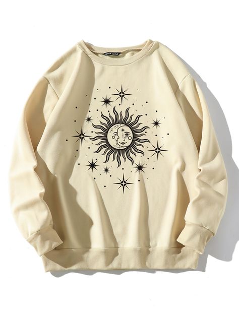 Plus Sun & Moon Print Drop Shoulder Sweatshirt Mushroom Cartoon, Harajuku Hoodie, Girls Sweatshirts, Harajuku Sweatshirt, Women Long Cardigan, Fall Cardigans, Oversize Pullover, Workout Tops For Women, Dropped Shoulder Sweatshirt