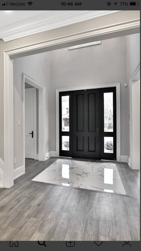 Home Entrance Flooring, White Floor Entryway, Modern House Flooring Ideas, Tile For Home Floors, Modern Entryway Tile Floor, Grey White House Interior, White Gray And Brown House Interior, Different Color Floors In House, Vestibule Flooring Ideas