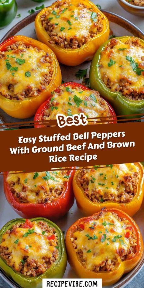 Looking for a delicious way to enjoy healthy dinner recipes? These Easy Stuffed Bell Peppers with Ground Beef and Brown Rice are packed with flavor and nutrients! Perfect for a quick weeknight meal, be sure to save this recipe for your next family dinner! Easy Stuffed Bell Peppers, Stuffed Bell Peppers Ground Beef, Healthy Stuffed Bell Peppers, Stuffed Peppers Beef, Stuffed Peppers With Rice, Brown Rice Recipe, Easy Stuffed Peppers, Bell Pepper Recipes, Brown Rice Recipes