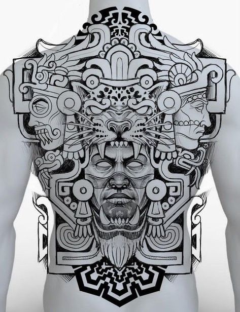 Aztec Drawing Tattoo, Mayan Back Tattoo, Maya Tattoo Design, Mexican Back Tattoos, Aztec Back Tattoo, Mayan Warrior Tattoo, Mayan Tattoo Designs, Aztec Jaguar Tattoo, Aztec Art Tattoo