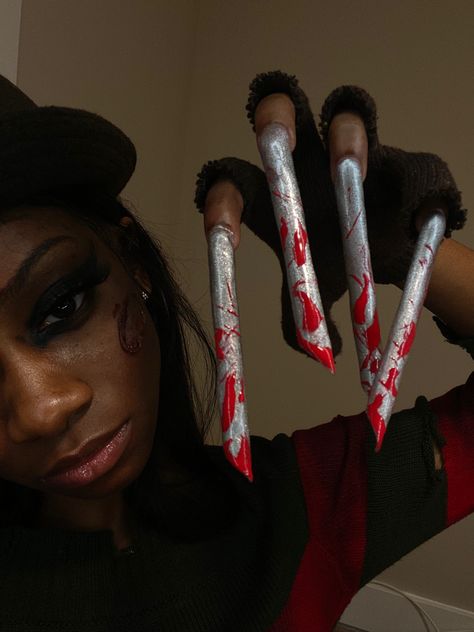 XXXL Nails Halloween Freedy Kruegar Glove Nail Tech Creativity Follow My Instagram @Nails.By.Adoree📍Newark NJ Freddy Nails, Horrible Nails, Freddy Krueger Nails, Xxxl Nails, Newark Nj, Nails Halloween, Instagram Nails, Halloween Nail Designs, Halloween Nail