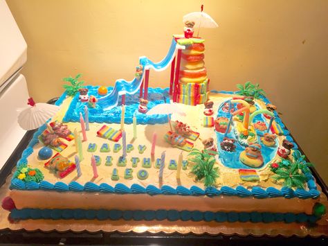 Water park cake! Complete with lazy river, water slide and lots of lifeguards! Water Park Cake, Water Park Birthday Cake, Water Slide Cake Ideas, Water Slide Cake, Waterpark Cake, Waterpark Birthday Cake, River Cake Ideas, Water Slide Birthday Cake, Waterslide Cake