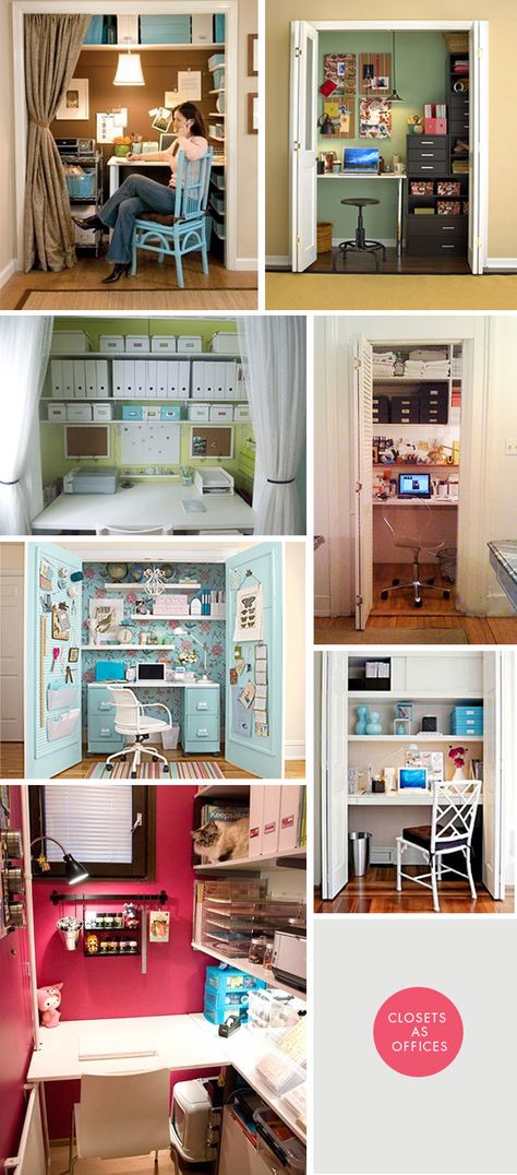 DIY Inspiration - Closets as Offices. Creative ways to convert a closet into a home office. Closet Desk, Closet Office, Office Nook, Craft Room Office, Sewing Rooms, Small Office, Closet Bedroom, Office Organization, Space Crafts