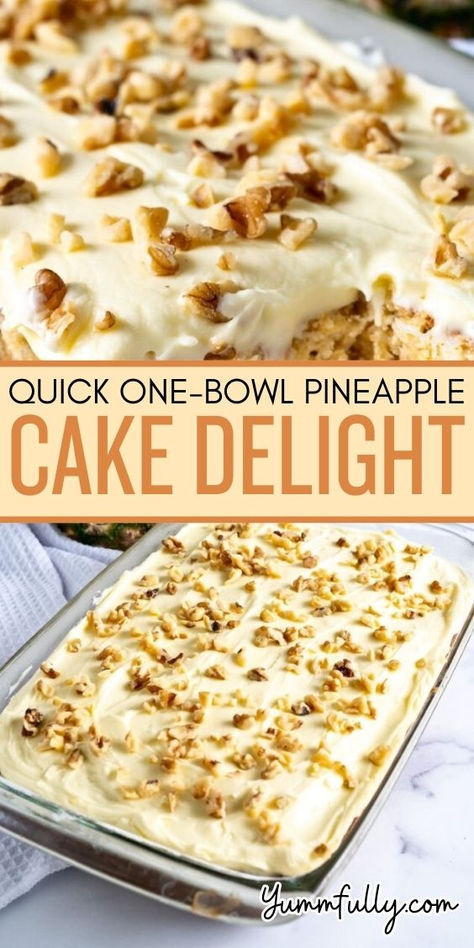 This quick-prep, one-bowl pineapple cake will delight your friends and family. Easy enough for non-bakers, this delicious cake turns out perfect every time. With tropical flavors of pineapple and coconut and a vanilla cream cheese frosting, you can’t go wrong with this easy cake! Pineapple Delight Cake Recipe, Icing For Pineapple Cake, Easy Desserts Pineapple, Crushed Pineapple Cake Mix Recipes, Are You Kidding Me Cake Combinations, Pineapple Nut Cake, Pineapple Cake With Cream Cheese Icing, Cake Topping Recipes, Pinapple Recipes Dessert