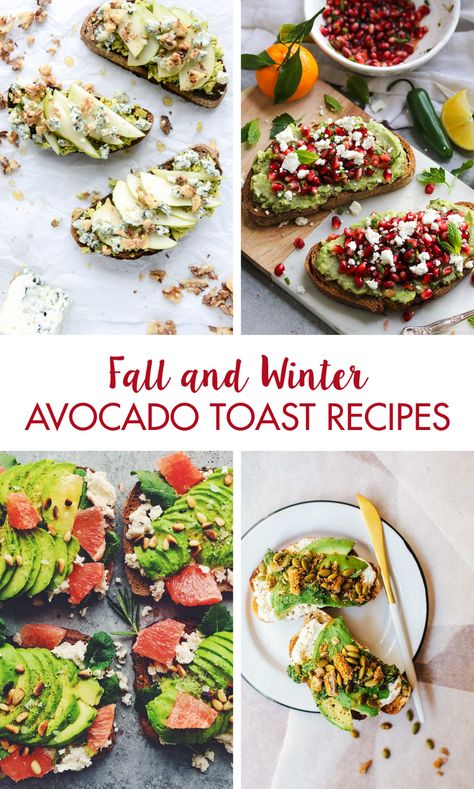 Avocado toast is a healthy fall and winter breakfast recipe. Switch up your meals with a dozen easy seasonal avocado toast ideas! #healthyfallrecipes #healthywinterrecipes #avocadotoast #avocadotoastrecipes | https://www.roseclearfield.com Fall Avocado Toast, Autumn Avocado Toast, Winter Toast Ideas, Christmas Avocado Toast, Bougie Breakfast Ideas, Fall Toast Ideas, Toast Ideas Dinner, Healthy Winter Breakfast, Winter Breakfast Ideas