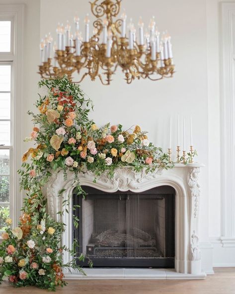 Dressing Up a White Wedding Venue with Colorful Summer Flowers » Hey Wedding Lady Wedding Mantle, Autumn Reception, Fall Centerpieces, Urban Wedding Venue, Floral Installations, The Royal Wedding, Micro Weddings, Flower Centerpiece, Flower Installation