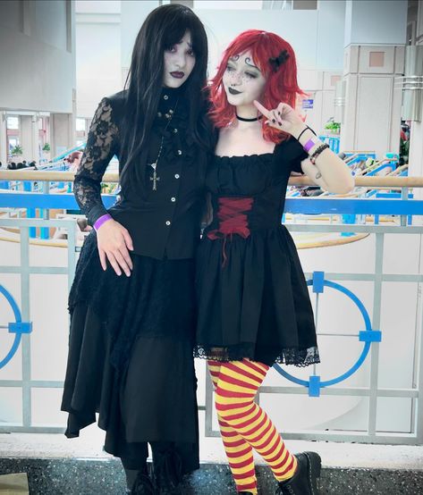 misery and ruby gloom for comic con this year 🖤💜🧡❤️ Misery From Ruby Gloom, Matching Character Costumes, Misery Halloween Costume, Ruby Gloom And Skull Boy Costume, Emily The Strange Halloween Costume, Matching Character Outfits, Misery Ruby Gloom Halloween Costume, Misery Ruby Gloom Costume, Halloween Thrift Costume