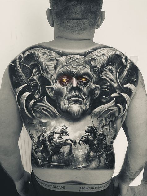 Evil Back Tattoo, Tattoo Back Piece Men, Devil Back Tattoo, Evil Chest Tattoo, Backpiece Tattoo Men, Demon Back Tattoo, Underworld Tattoo, Demon Tattoo Designs, Devil Tattoo Design