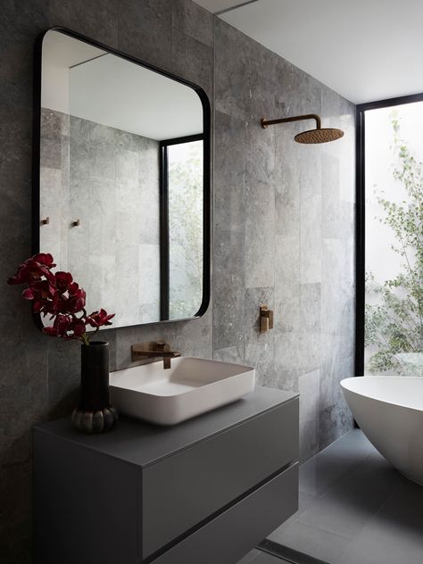 Dark Grey And White Bathroom, Modern Gray Bathroom, Dark Grey Vanity, Grey And White Bathroom, Grey Vanity, Gray Vanity, 아파트 인테리어, Contemporary Bathrooms, Australian Homes