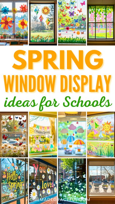 spring window display ideas for schools School Store Display Ideas, Spring Store Window Display, Spring Window Painting, Spring Window Display Ideas, Window Display Ideas, Spring Window Display, Colorful Decorations, School Store, Store Window Display