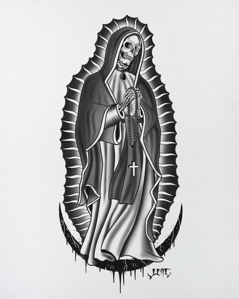 This Santa Muerte will be available as a print soon $40 shipped *not available to be tattooed . . . . . . . #santamuerte #santamuertetattoo Santa Muerte Drawing Tattoo, Santa Muerte Tattoo Stencil, Mexican Gangster Tattoos, Santa Muerte Drawing, Santa Muerte Tattoo, Harley Tattoos, Flash Tats, Grim Reaper Tattoo, Mexican Art Tattoos