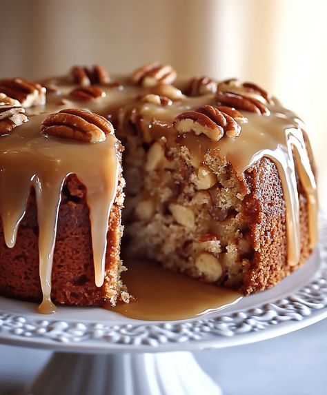 Apple Pecan Cake With Caramel Glaze Recipe Glaze For Banana Bread, Apple Pecan Cake Recipe, Caramel Glaze Recipe, Apple Pecan Cake, Pecan Glaze, Creamy Chicken Tortilla Soup, Cake With Caramel, Banana Bread Recipe Moist, Sweet Apples