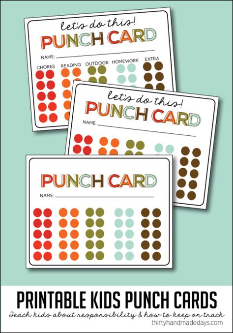 Simple idea to teach kids responsibility and to stay on task throughout the year - kids printable punch cards!  | Thirty Handmade Days Printable Punch Cards Free, Chores Ideas, Teaching Responsibility, Kids Punch, Kid Responsibility, Chart Ideas, Chore Charts, Idea Room, Chore Chart Kids