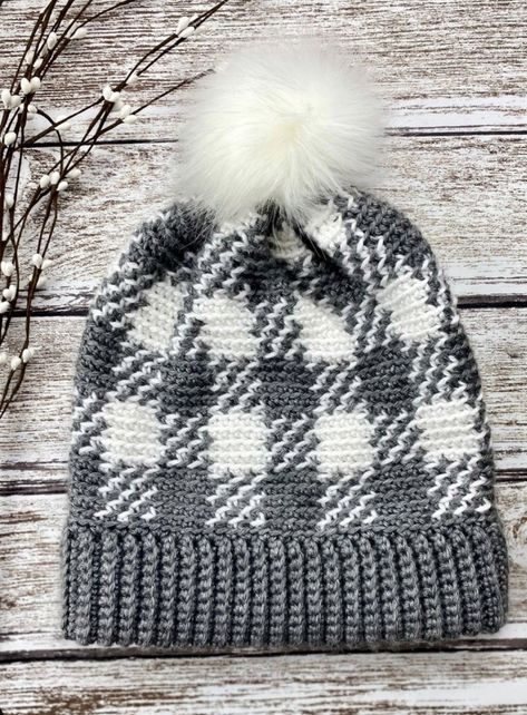 Double Brim Buffalo Plaid Beanie Plaid Crochet, Plaid Hat, Hat Patterns Free, Knitting Patterns Free Hats, Plaid Hats, Crochet Hat Free, Caron Simply Soft, Crochet Daisy, Crochet Hats Free Pattern