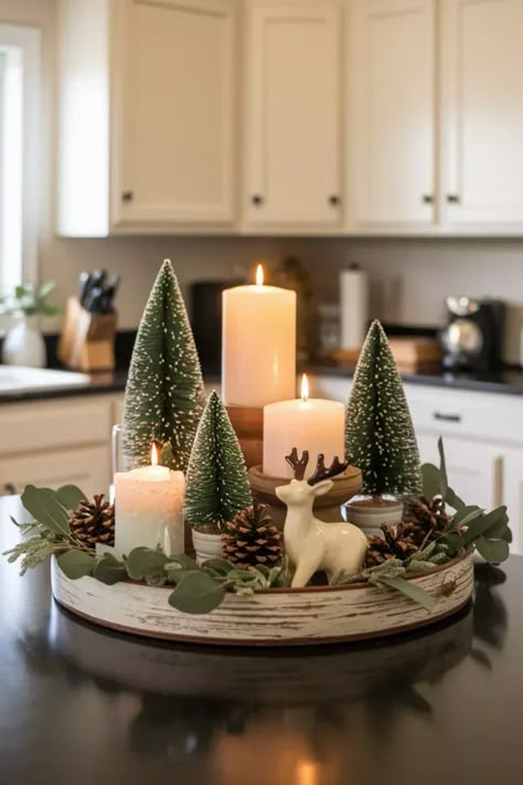 Christmas Wine Decor, Kitchen Mantle Christmas Decor, Reindeer Centerpiece Ideas, Traditional Christmas Decorations Table, Christmas Decor Arrangements, Christmas Tree Vignettes, Christmas Farmhouse Living Room, Christmas Decor On Shelf, Simple Table Christmas Decor