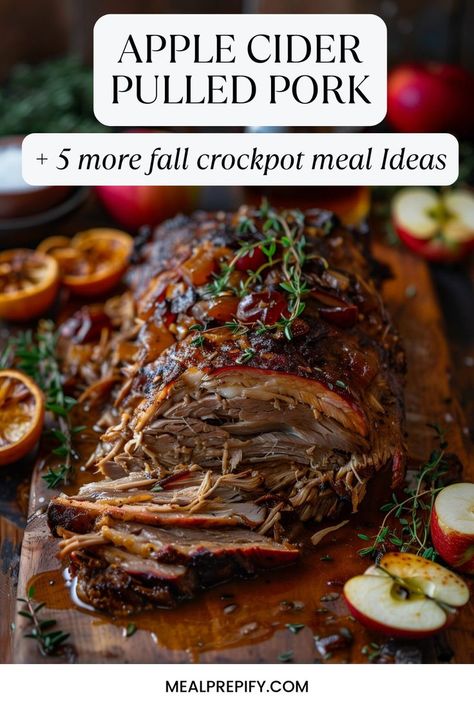 Juicy apple cider pulled pork served on a wooden board, ideal for Fall Crockpot Meals. Meals To Meal Prep, Cider Pulled Pork, Fall Crockpot Meals, Apple Cider Pulled Pork, Crockpot Meal Ideas, Apple Cider Pork, Slow Cooker Lentil Soup, Fall Crockpot, Fall Crockpot Recipes