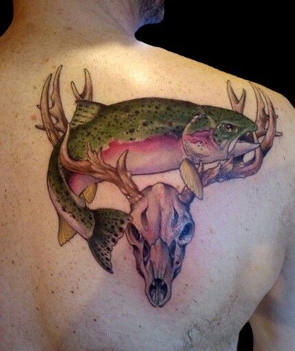 This is so close to what I want for my grandpa, but it would be a real buck with a large mouth bass Deer Antler Tattoos, Deer Hunting Tattoos, Antler Tattoos, Elk Tattoo, Deer Skull Tattoos, Deer Tattoo Designs, Hunter Tattoo, Hunting Tattoos, Father Tattoos