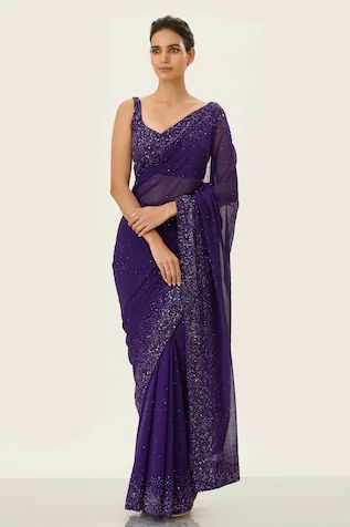 Sequin Embellished Saree with Blouse Purple Fancy Saree, Wedding Wear For Women, Violet Saree, Farewell Sarees, Embellished Saree, Sequin Saree, Engagement Makeup, Purple Saree, Saree Embroidery