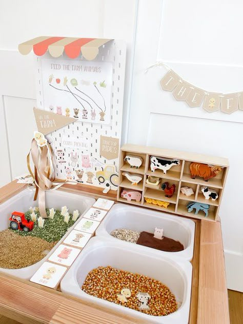 Goodnight Fox - Life on the farm: Flisat table sensory play activities for early learners Diy Sensory Bin Kindergarten, Flisat Sensory Table Ideas, Indoor Sensory Table, Flisat Table Activities, Animal Sensory Play, Sensory Table Activities, Ikea Tray, Flisat Ikea, Sensory Table Ideas