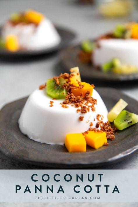 Coconut Panna Cotta served with latik and fresh fruits. Latik is from the Philippines. It is fried coconut milk curds. Coconut Panna Cotta, Panna Cotta Recipe, Fancy Desserts, Asian Desserts, Coconut Recipes, Tropical Fruits, Mini Desserts, Free Desserts, Vegan Desserts