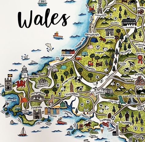 Wales Aesthetic, Map Of Wales, Wales Map, Area Map, Fantasy Map, Famous Landmarks, Illustrated Map, London City, Map Poster