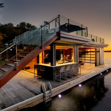 2 Story Boat Dock, Boathouse With Living Quarters, Luxury Boat Dock, Floating Boat House, Boat House Ideas Lakes, Boat House Design, Boat House Ideas, Boat Dock Ideas, Floating House Design