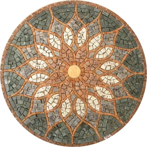 Descrição Piso mandala em mosaico feito com pedras A Vitral Árabe é inspirada diretamente nas decorações do mundo árabe, retirado de desenhos dos palácios reais, ela traz o encanto e o charme do elaborado mundo das artes árabes. Veja mais sobre os significados desta mandala clicando em Trad... Mosaic Tile Table, Mosaic Furniture, Mosaic Stepping Stones, Mosaic Flower Pots, Mosaic Tile Art, Mosaic Madness, Glass Mosaic Art, Pebble Mosaic, Mosaic Mirror