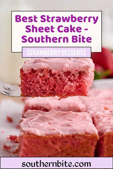 This easy sheet cake version of a fresh strawberry cake with strawberry cream cheese icing is honestly my favorite strawberry cake ever! Strawberry Sheetcake Cake Recipe, Strawberry Cake With Cream Cheese Icing, Best Strawberry Cake Recipe, Strawberry Cream Cheese Icing, Strawberry Sheet Cake, Strawberry Sheet Cakes, Fresh Strawberry Cake, Cake With Strawberry, Glaze For Cake