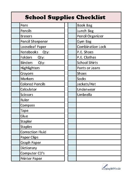 This school supplies checklist provides a full list of over 35 supplies typically needed for a school-aged student, including highlighters, calculators and pencils. High School Supply List Senior, Preppy Back To School Supplies List, 7th Grade Back To School Supplies, List For School Supplies, What To Get For School Supplies, Stationary You Need For School, Back To School Necessities High School, What Stationary Do I Need For School, Need For School