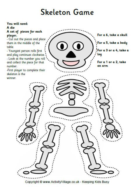 Great concept for teaching about the human body! You could make it more complex with a more accurate skeleton. Rather than a die, have a bag with names of bones and pick up the corresponding bone. This could be done with other systems of the body as well, such as the digestive system. Halloween Party Games For Kids, Halloween Craft Activities, Party Games For Kids, Halloween Games For Kids, Halloween Preschool, Halloween Party Games, Halloween Crafts For Kids, Theme Halloween, Halloween School